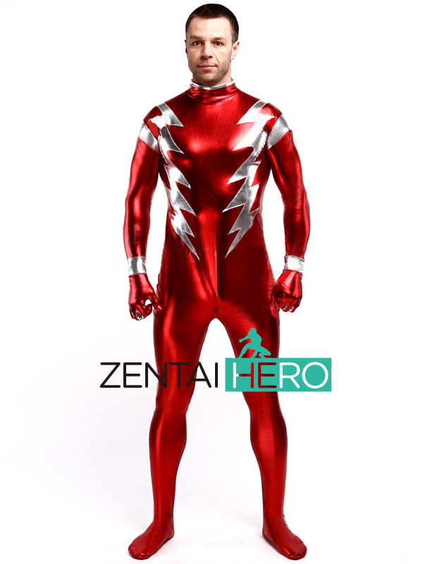 Red and Silver Shiny Metallic Flash Superhero Costume