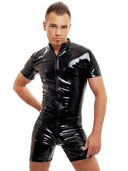 Black Male PVC Zentai Catsuit Front Zipper