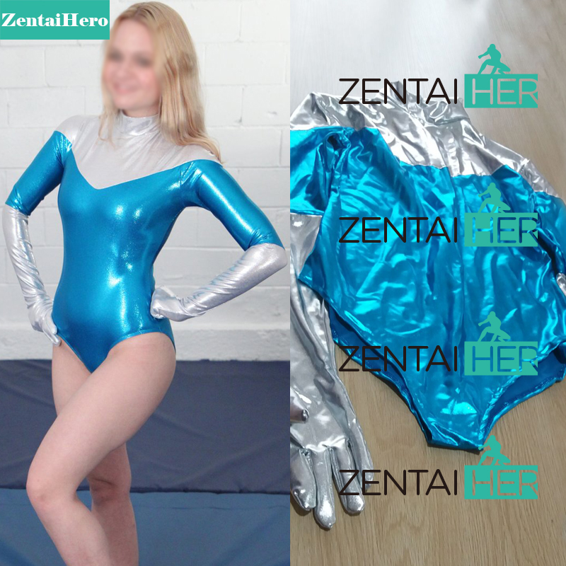 Sexy Women Silver and Blue Shiny Zentai Leotard