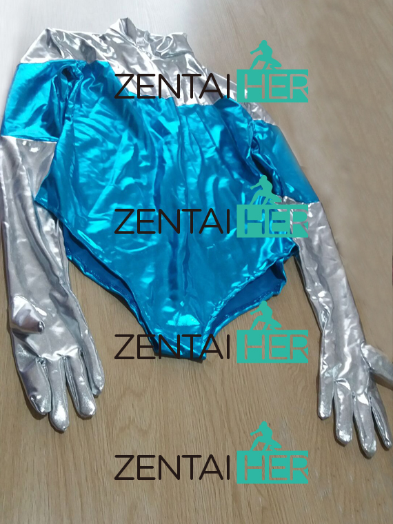 Sexy Women Silver and Blue Shiny Zentai Leotard