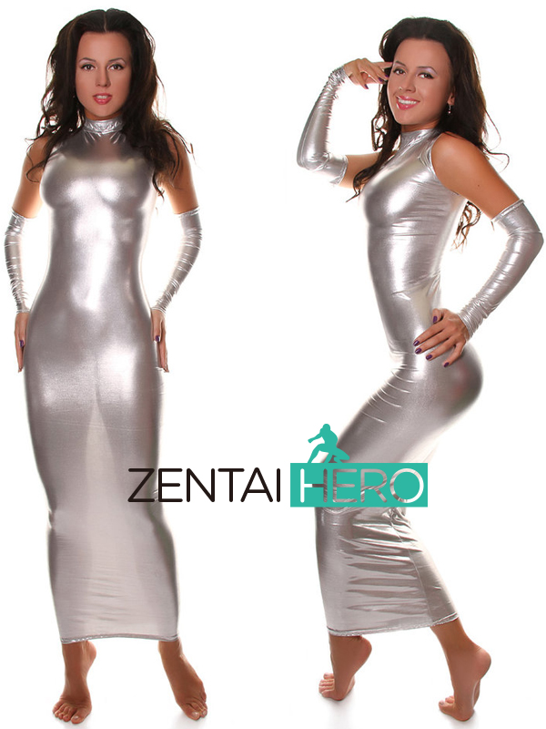 Sexy Fancy Dress Adult Silver Long Gloves Bodysuit