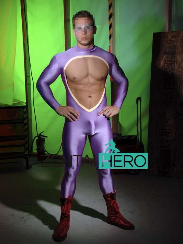 Sexy Male Open Chest Purple Lycra Spandex Catsuit