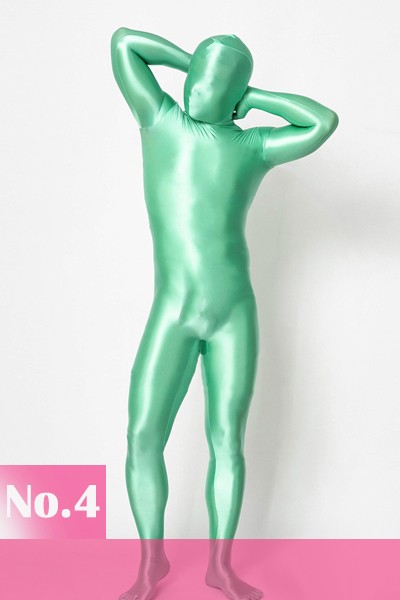 Sexy Satin Spandex Zentai Suit Light Green Shiny Lycra Bodysuit