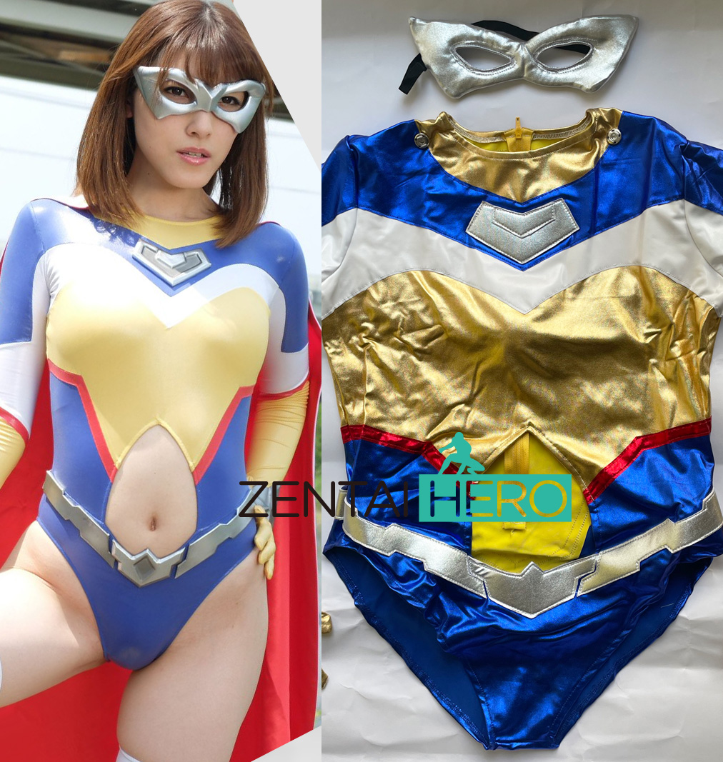 Super Heroine Sexy Female Blue Gold Shiny Metallic Cosplay Suit