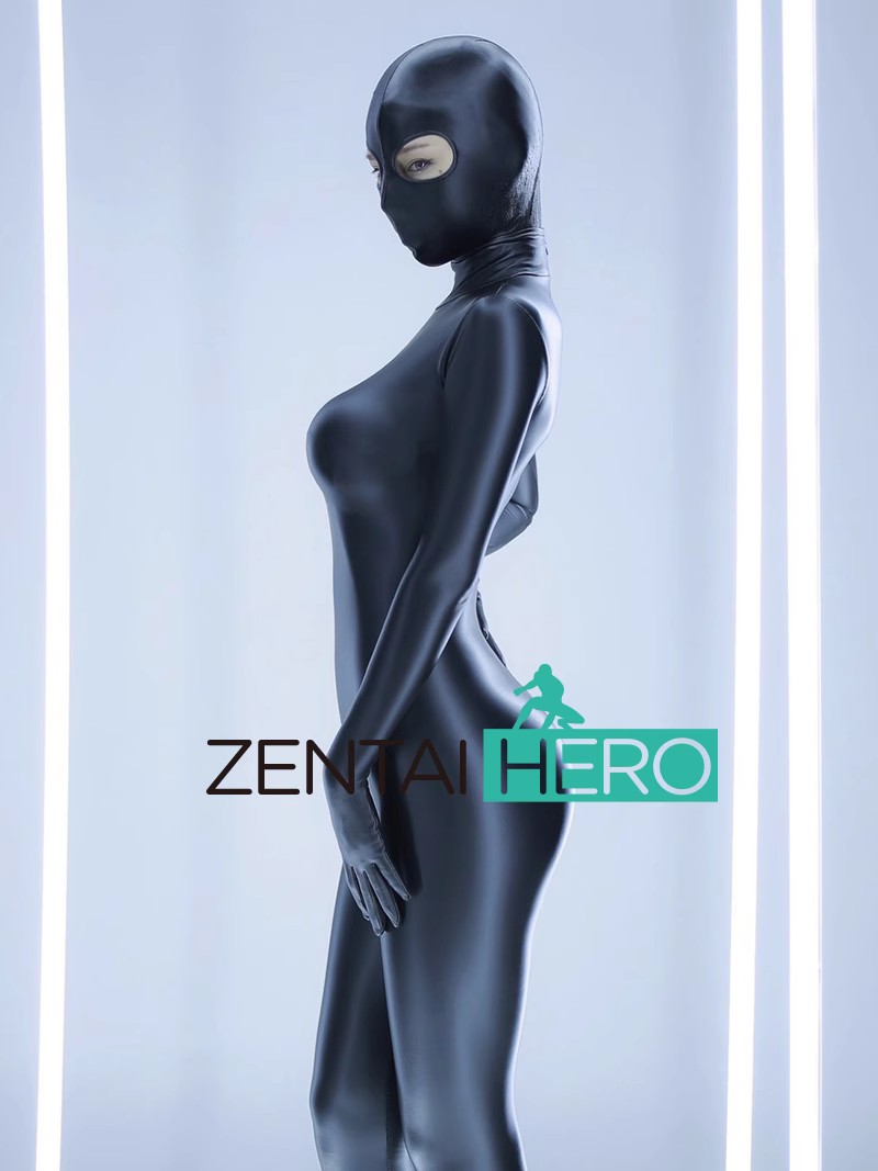 Sexy Girl Black Shiny Satin Zentai Bodysuit Open Eyes