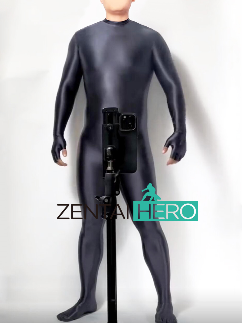 Shiny Satin Zentai Suit Grey Soft Bodysuit Half Hands