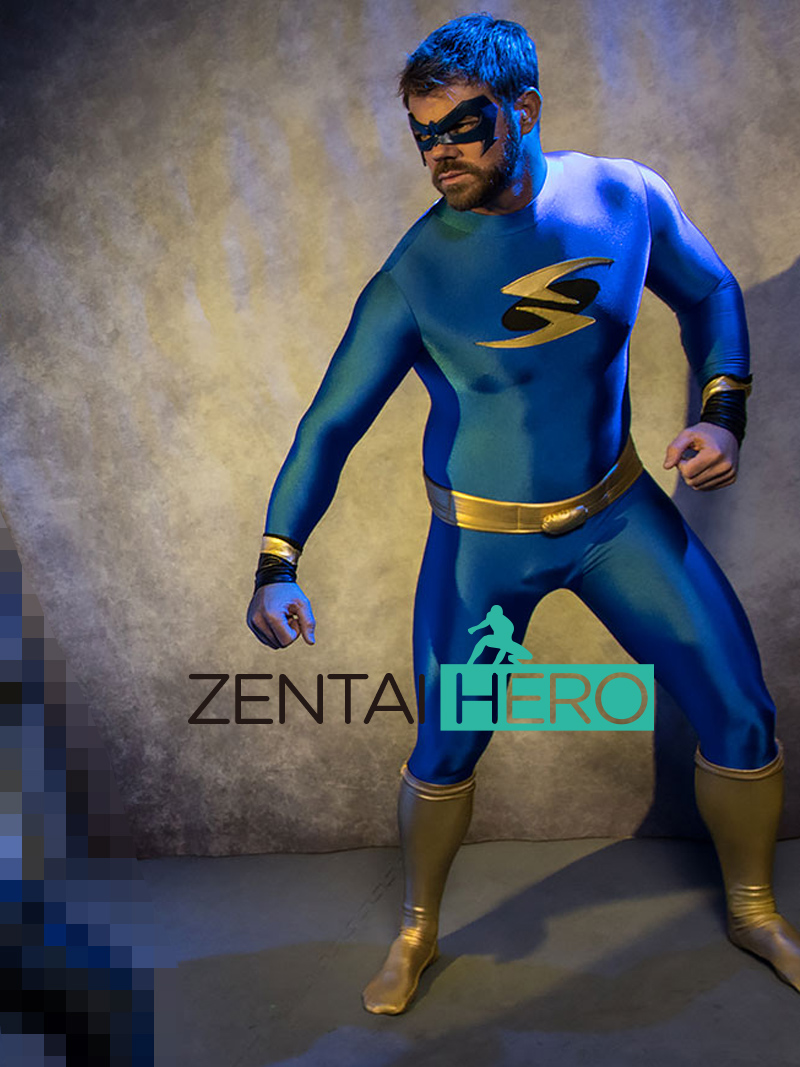 Strong Blue and Gold Spandex Male Cosplay Costume with mask