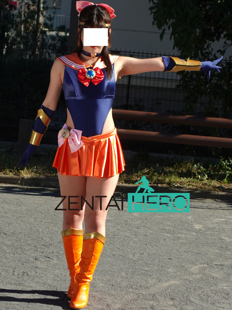 Sexy Heroine Moon Sailor Orange Navy Shiny Spandex Cosplay Suit