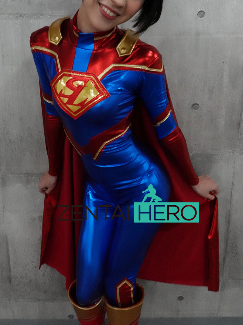 Sexy Blue Shiny Metallic Supergirl Cosplay Costume with Cape