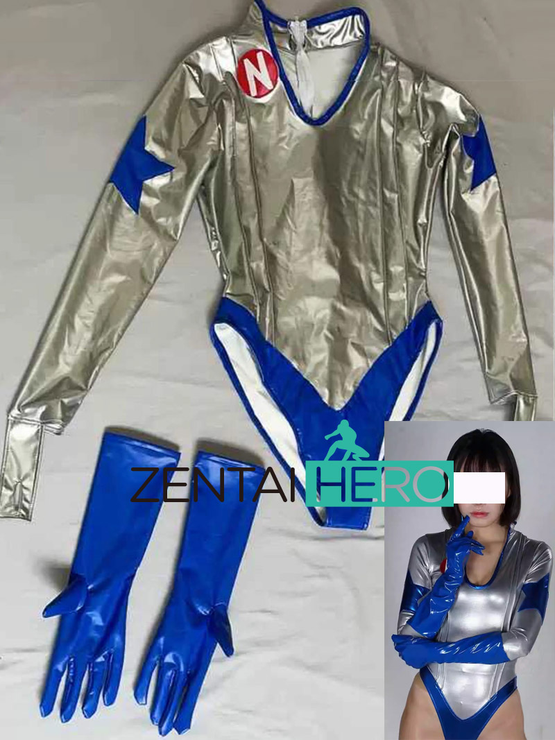 Sexy Heroine Silver Blue PU Lady Girl Cosplay Leotard