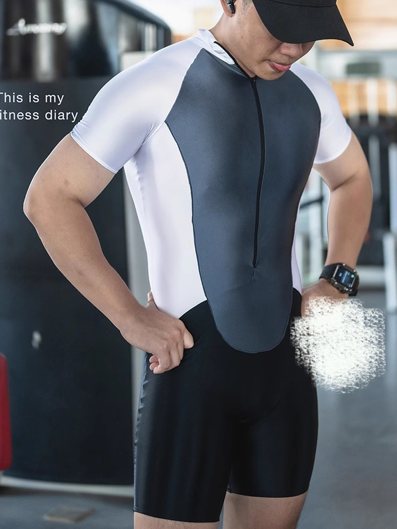 Grey Shiny Satin Spandex Cycling Wear Bodysuit Front Zipper