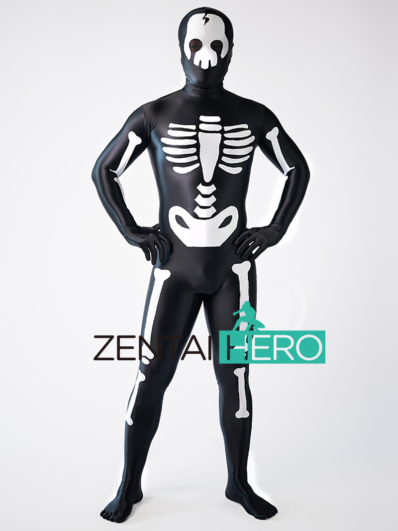 Halloween Cosplay Black Skeleton Shiny Satin Smooth Bodysuit