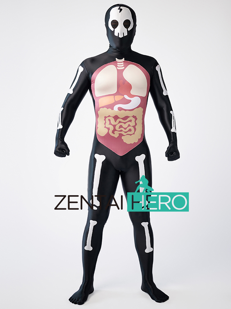 Halloween Cosplay Skeleton Shiny Satin Smooth Printed Bodysuit