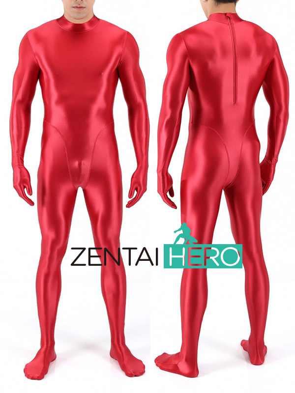 Red Shiny Satin Spandex Slick Playsuit Costume No Hood