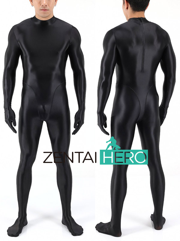 Black Shiny Satin Spandex Slick Playsuit Costume No Hood