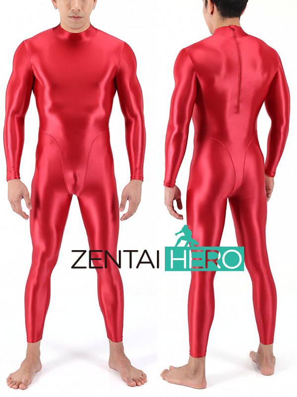 Red Shiny Satin Spandex Slick Playsuit Costume No Hood Hand