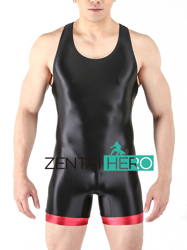 Black Shiny Satin Spandex Slick Playsuit Wrestle Suit