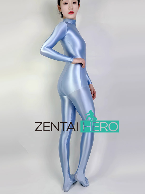 Sexy Light Blue Shiny Satin Spandex Smooth Tights Cosplay Suit