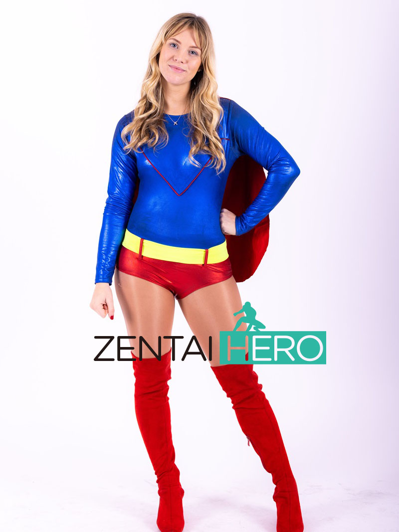 Blue and Red Supergirl Shiny Metallic Cosplay Costume