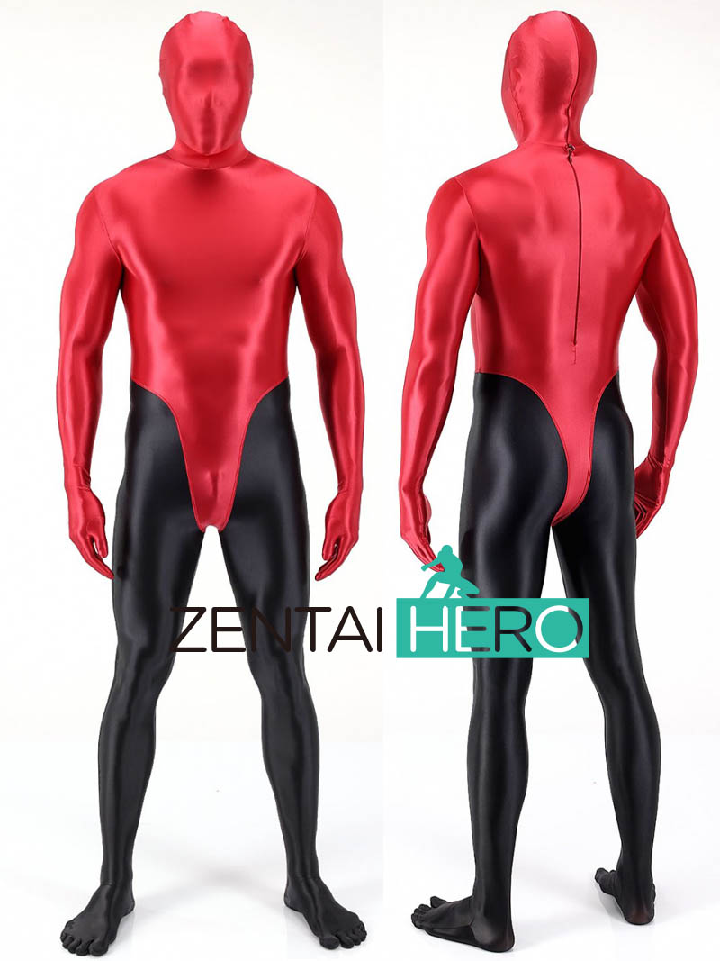Sexy Red Black Shiny Satin Spandex Smooth Tights Cosplay Suit
