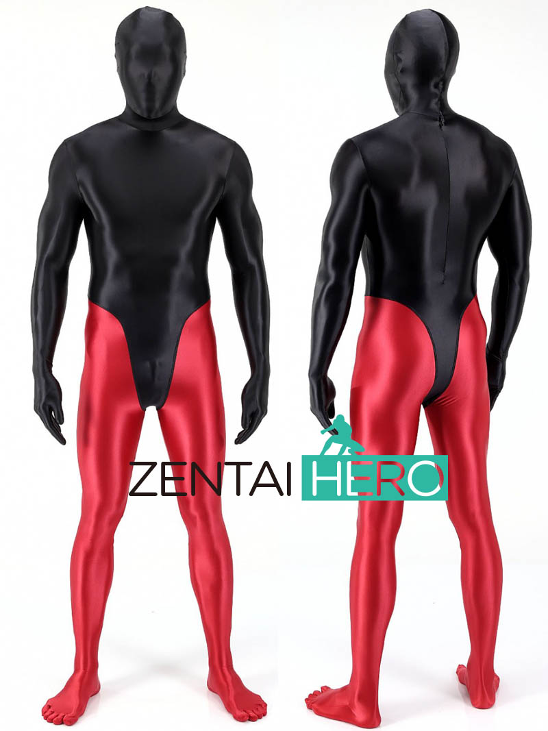Fullbody Black Red Shiny Satin Spandex Tights Cosplay Costume
