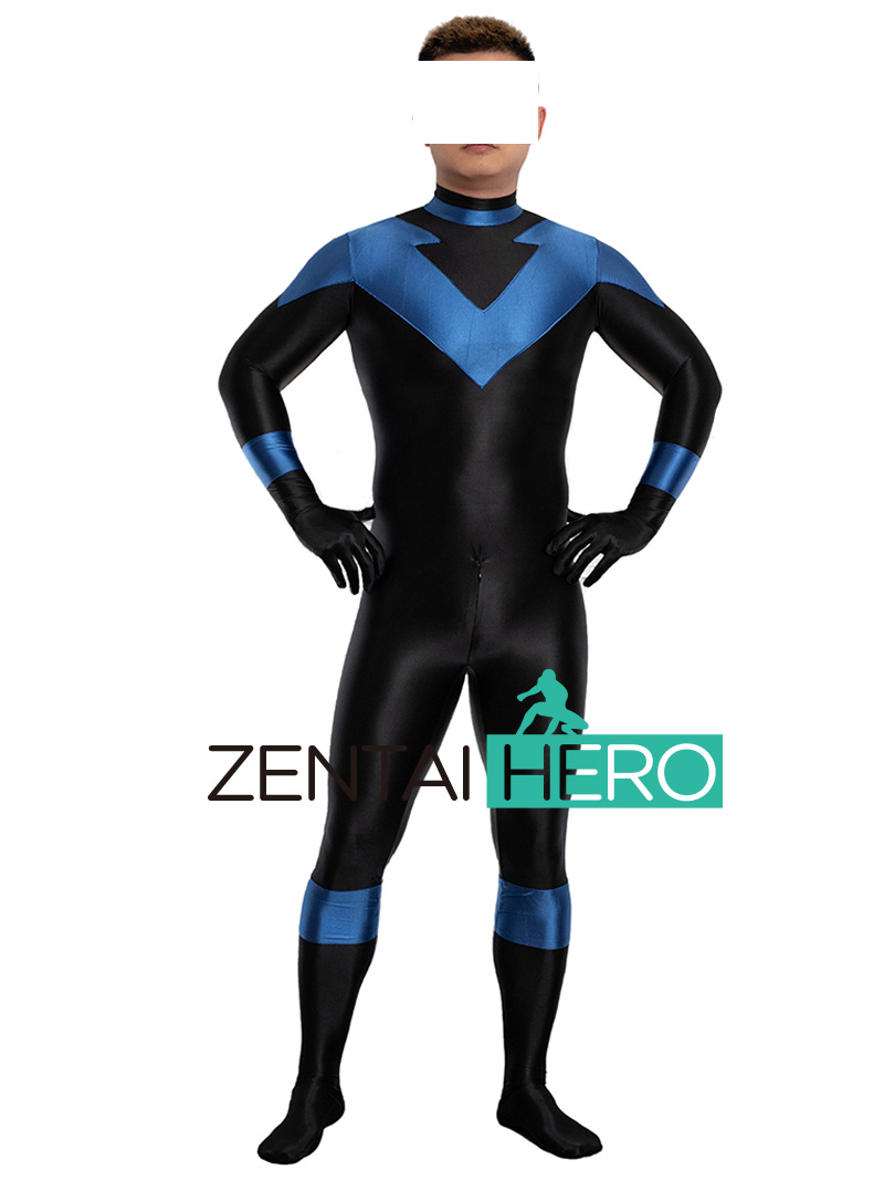 New Strong Blue Black Shiny Satin Nightwing Cosplay Costume