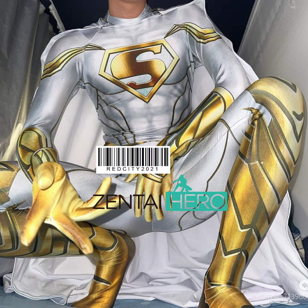 New Printing White Superhero Man Cosplay Costume with Cape