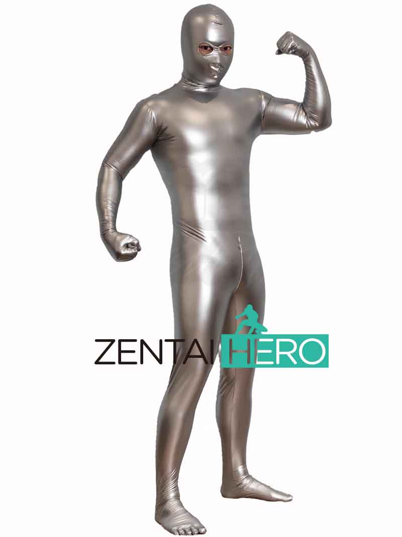 Sexy Silver PU Leather Zentai Cosplay Costume Open Eyes