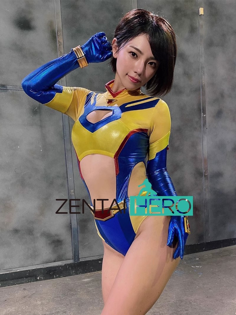 Sexy Heroine Gold Blue Shiny Metallic Solar Warrior Costume