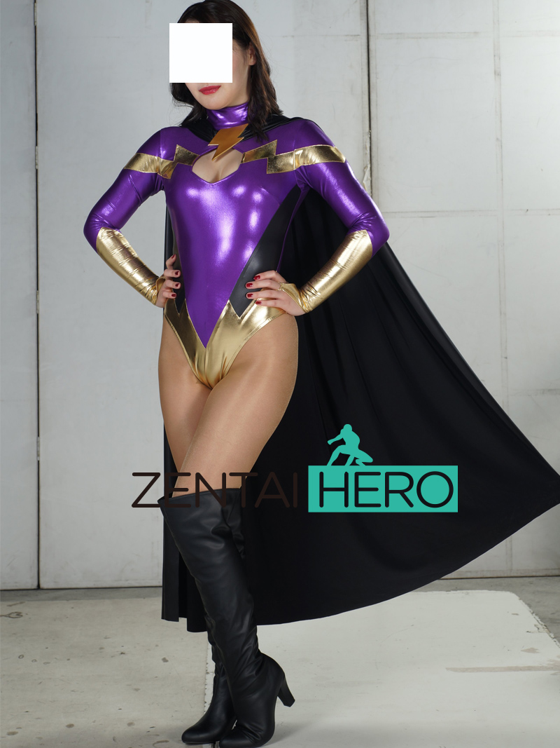 Sexy Heroine Purple Shiny Metallic Zentai Leotard with Cape