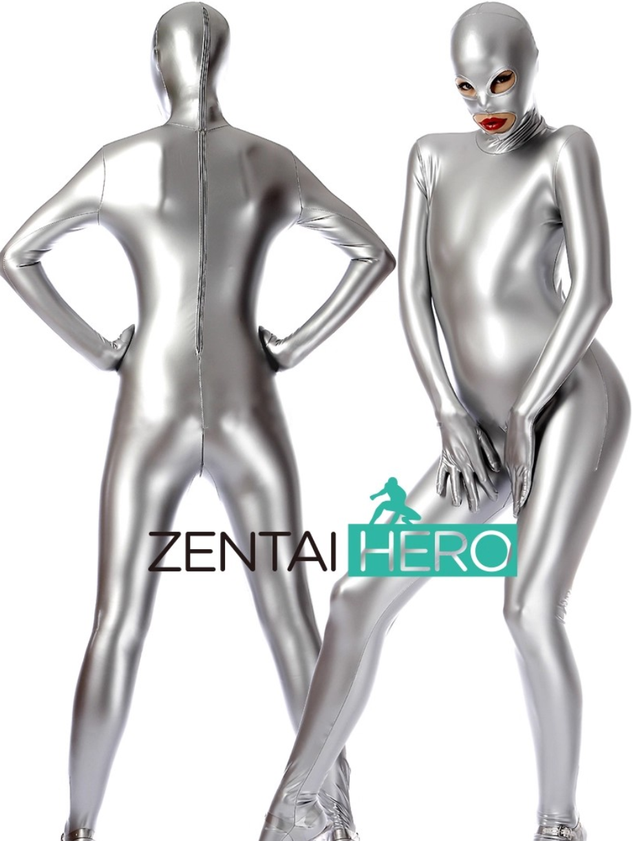 Sexy Silver PU Leather Zentai Cosplay Costume Open Eyes Mouth