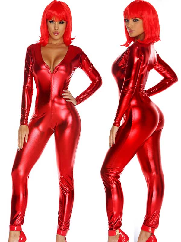 Red Shiny Metallic Zentai Bodysuit Front Zipper