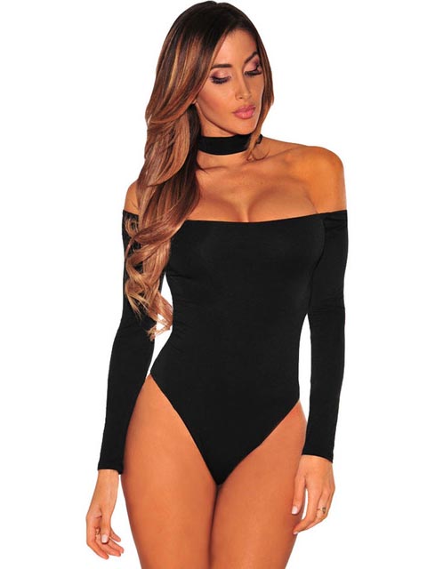 Black Choker Off Shoulder Bodysuit Woman Sexy Costume