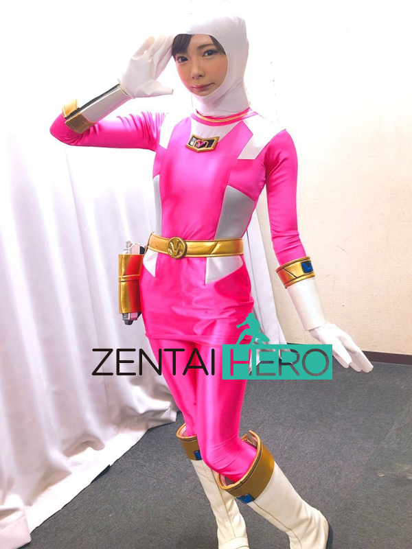 Sexy Lady Two Pieces Superhero Zentai Bodysuit Pink Open Face