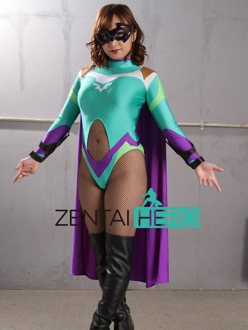 Super Heroine Green/Purple Lycra Spandex Bodysuit with Cape