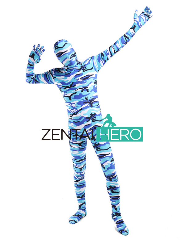 Blue Camouflage Pattern Lycra Spandex Full Body Zentai Suit