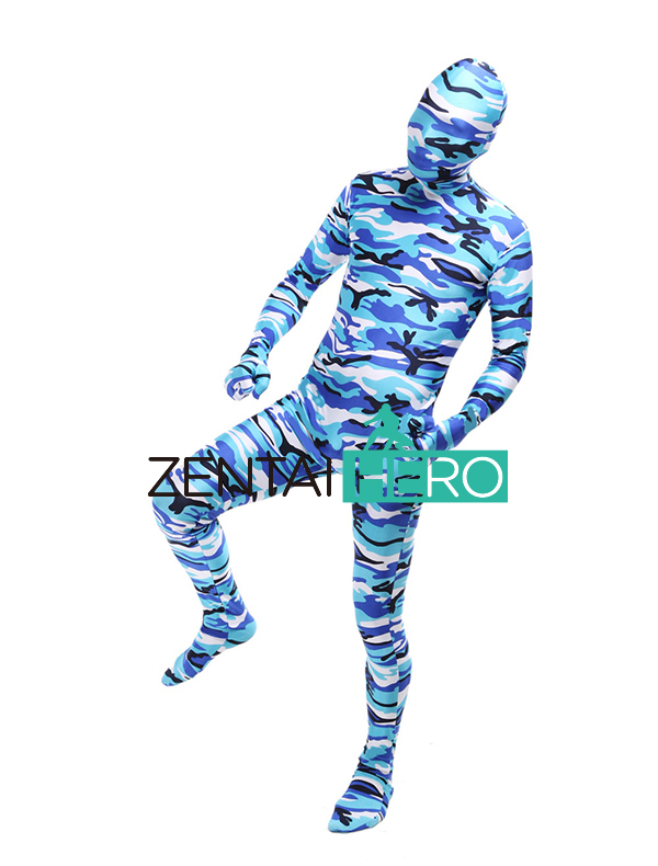 Blue Camouflage Pattern Lycra Spandex Full Body Zentai Suit