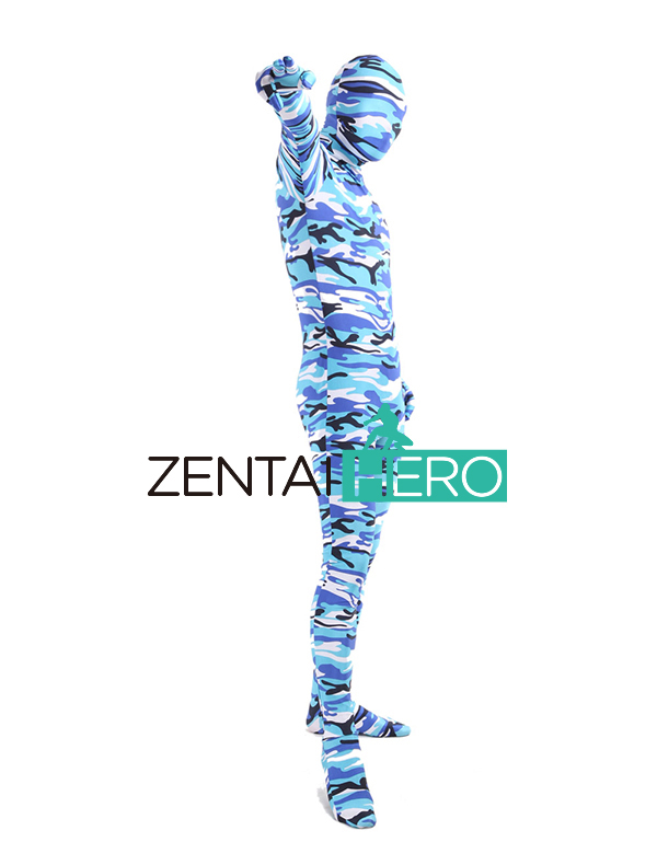 Blue Camouflage Pattern Lycra Spandex Full Body Zentai Suit