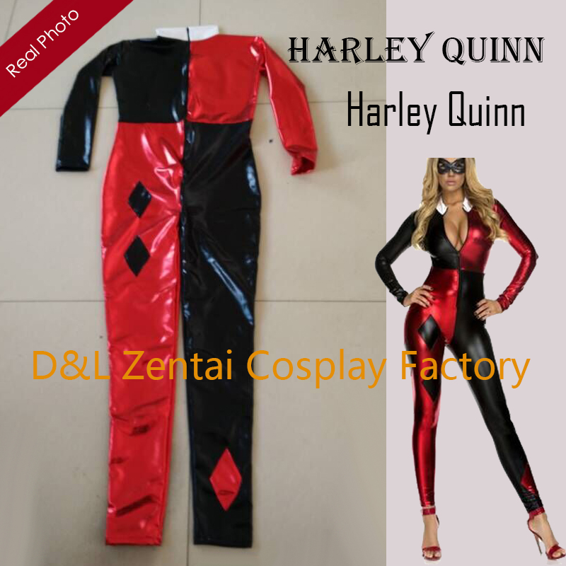Sexy Shiny Metallic Villain Harley Quinn Fashion Catsuit Costume