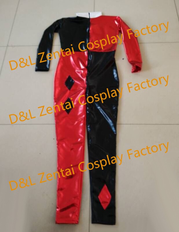 Sexy Shiny Metallic Villain Harley Quinn Fashion Catsuit Costume