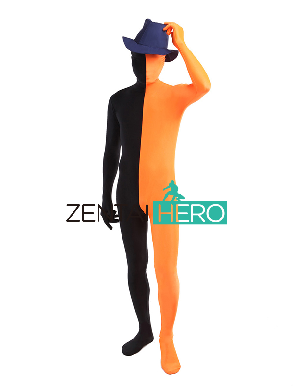Half Orange & Black Lycra Spandex Zentai Bodysuit