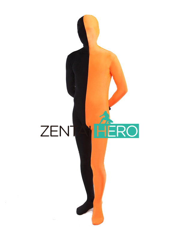 Half Orange & Black Lycra Spandex Zentai Bodysuit