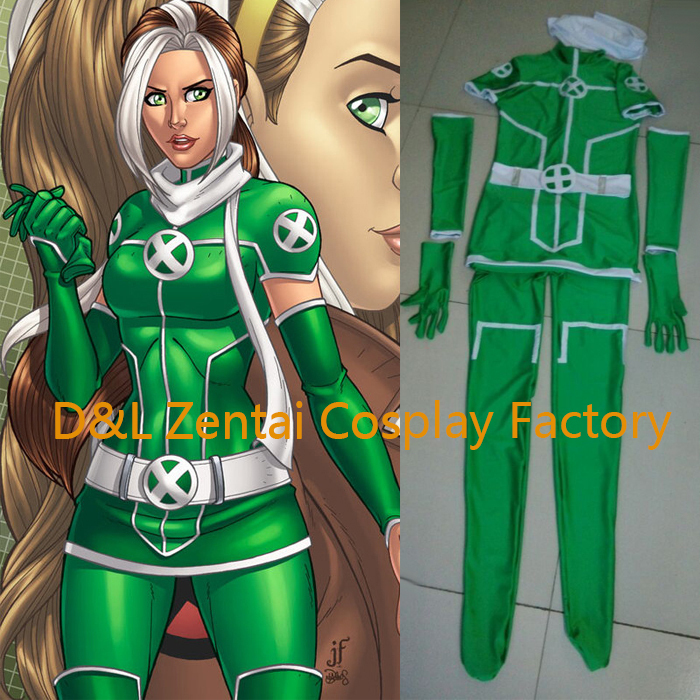 X-Men Rogue Cosplay Costume White & Green Lycra Spandex Catsuit