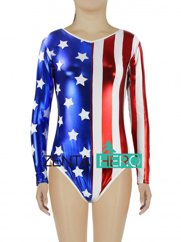 Sexy Womens Shiny Metallic USA Patriotic Gymnastics Leotard