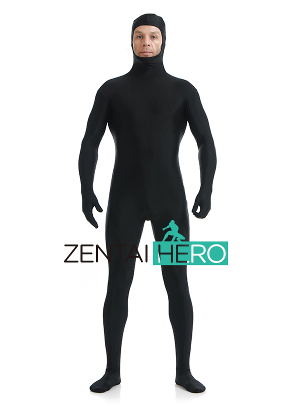 Black Unicolor Lycra Zentai Suit Open Face