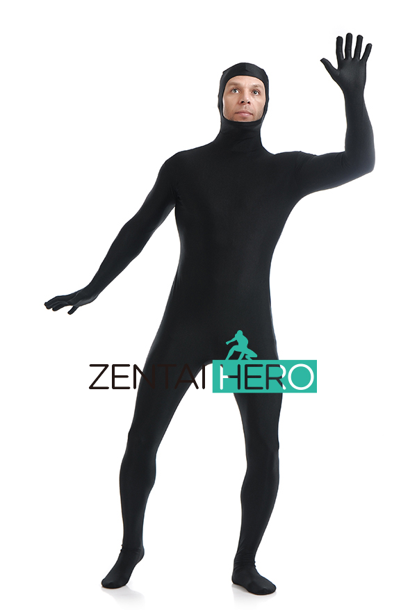 Black Unicolor Lycra Zentai Suit Open Face