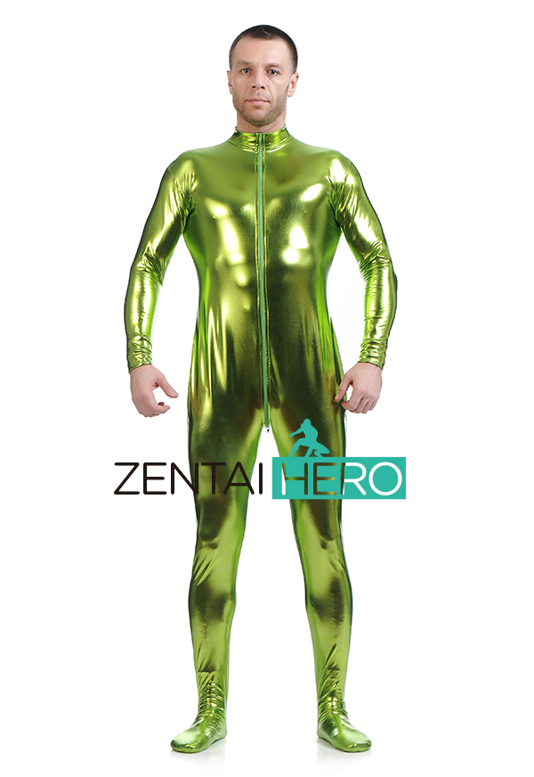 Shiny Green Shiny Metallic Zentai Catsuit With Front Zipper