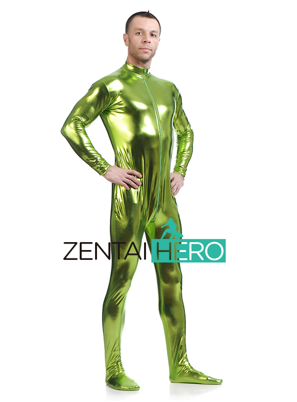 Shiny Green Shiny Metallic Zentai Catsuit With Front Zipper