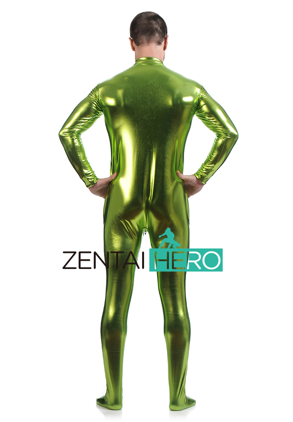 Shiny Green Shiny Metallic Zentai Catsuit With Front Zipper