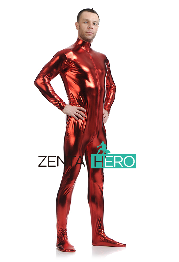 Hot Red Color Front Zipper Shiny Metallic Catsuit